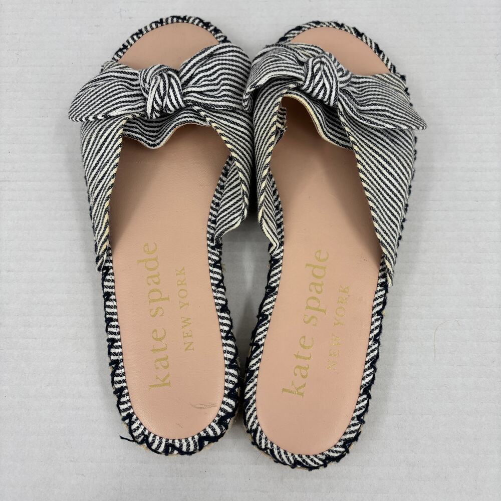 Kate Spade Slide Sandals Size 8 Blue Stripe Saltie Shore Espadrille Flat Bow - Picture 8 of 13
